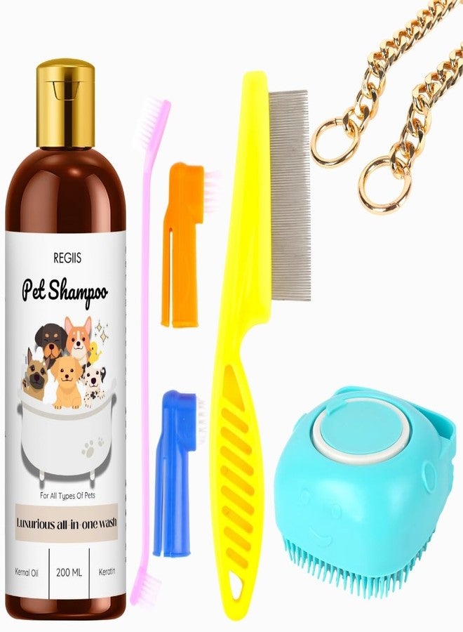 مجموعة شامبو الحيوانات الأليفة من ريجيس مع أدوات العناية، شامبو للكلاب 200 مل بالكيراتين وزيت نواة النبات، تتضمن فرشًا ومشطًا وسلسلة ربط لجميع أنواع الحيوانات الأليفة (عبوة من 5 قطع) - Image 1